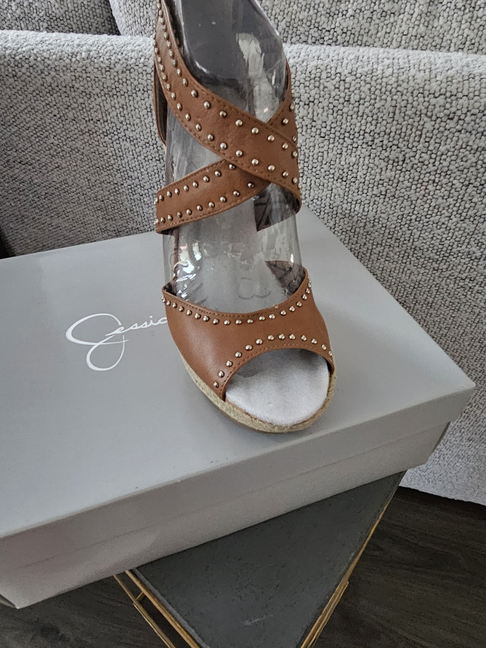 Jessica Tan Studded Crisscross Wedge Sandals